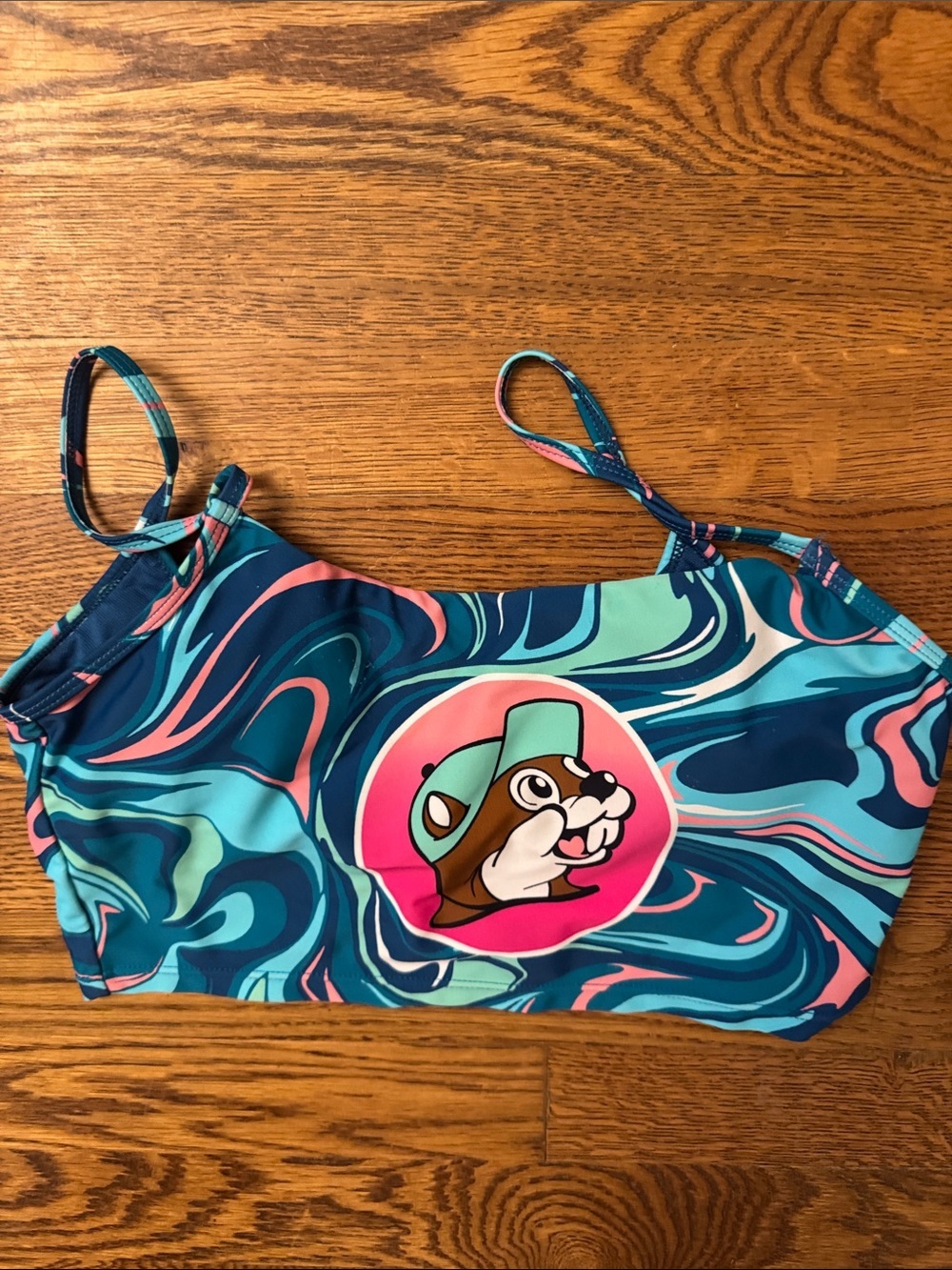 Women’s Teal and Pink Swirl Bikini Top with Bucee Logo size S
